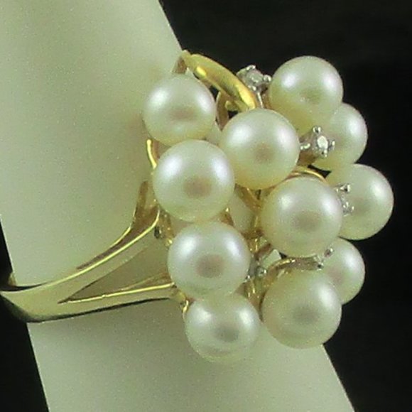 14K Gold Cultured Freshwater Pearl & Diamond Spray Ring - Size 5 - Picture 5 of 7